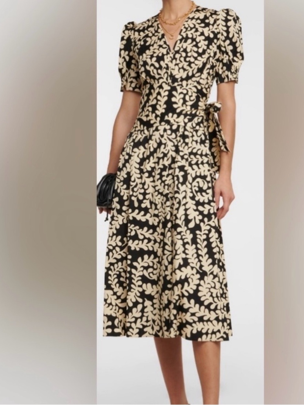 Diane Von Furstenberg Black & Cream Printed Wrap Midi Dress